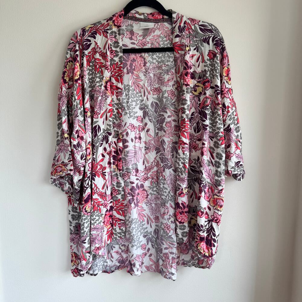 Knox Rose White PinkFloral Kimono Multi Open Front Half Sleeve Women Sz XL /XXL